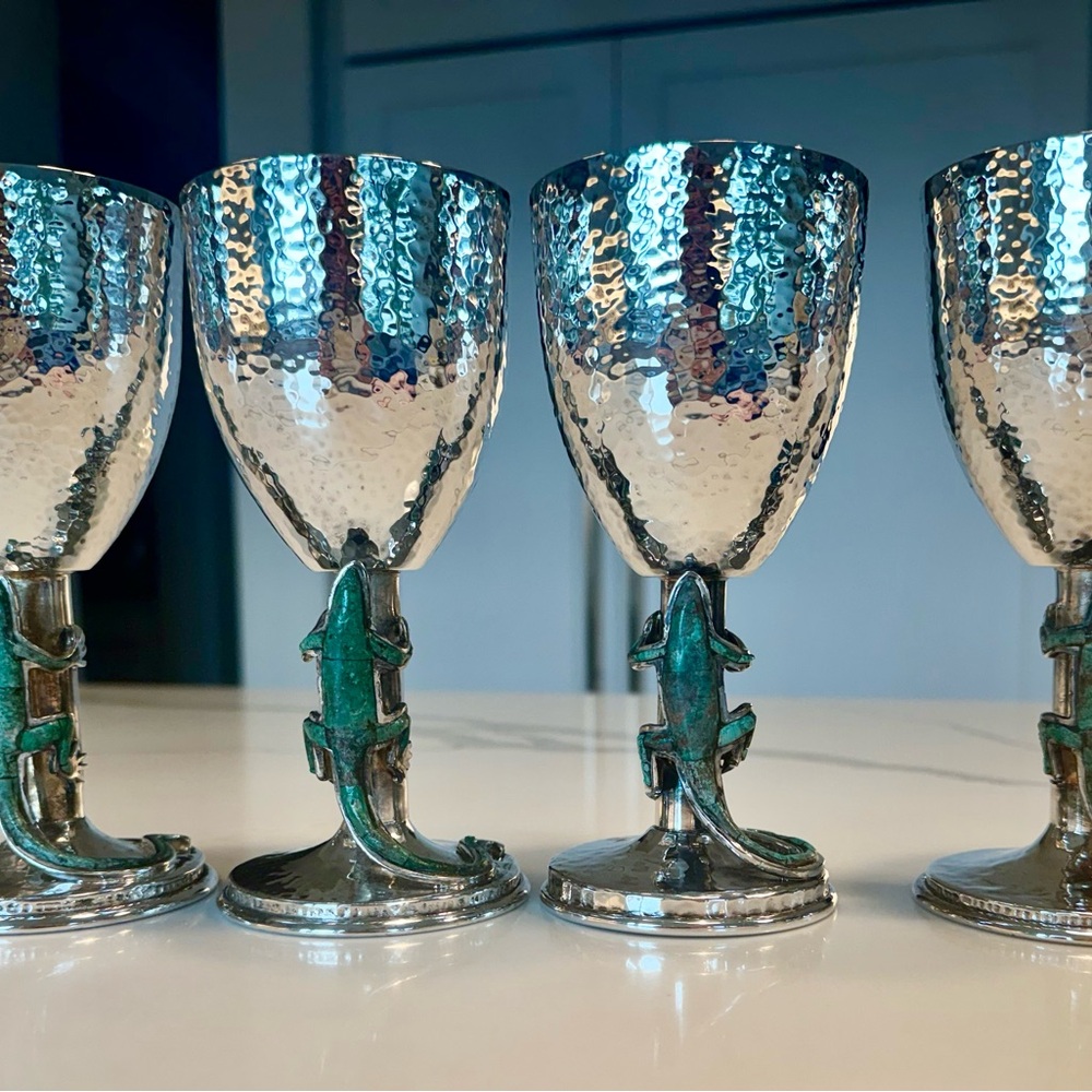 Rare Emilia Castillo Taxco Lizard Goblets Set of 4 Hammered Silver Plate - Picture 7 of 9